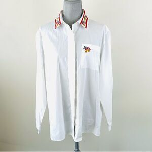 All Week Long SZ 16 White Button Down Shirt Blouse Top Holiday Embroidered Bells